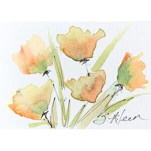 ACEO Painting Loose Watercolor Flowers Bouquet Green Leaves Botanical Signed